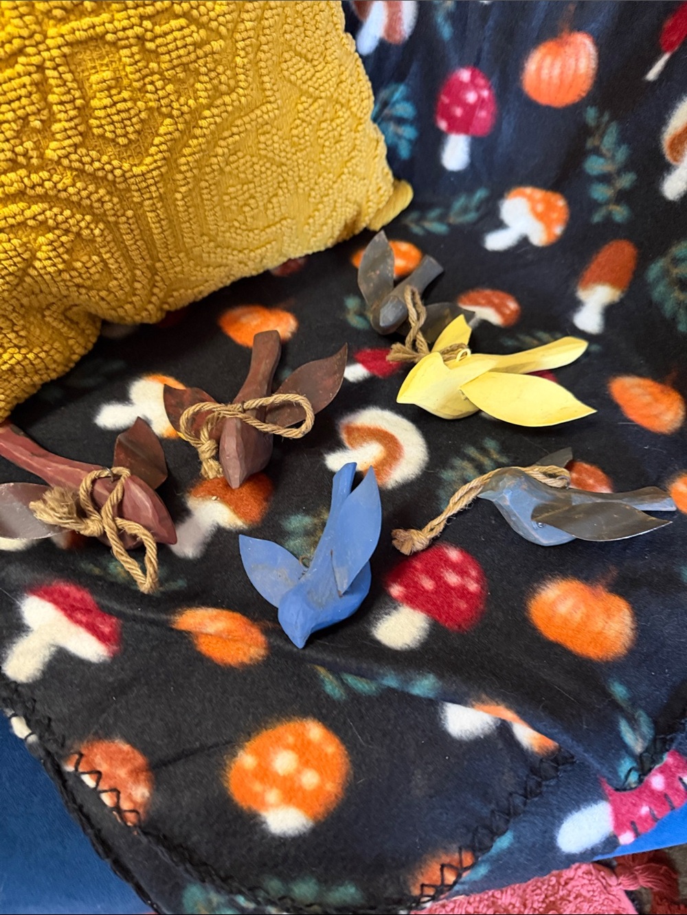 Handcrafted Wooden Bird Set - Blue, Yellow, Brown set of 6